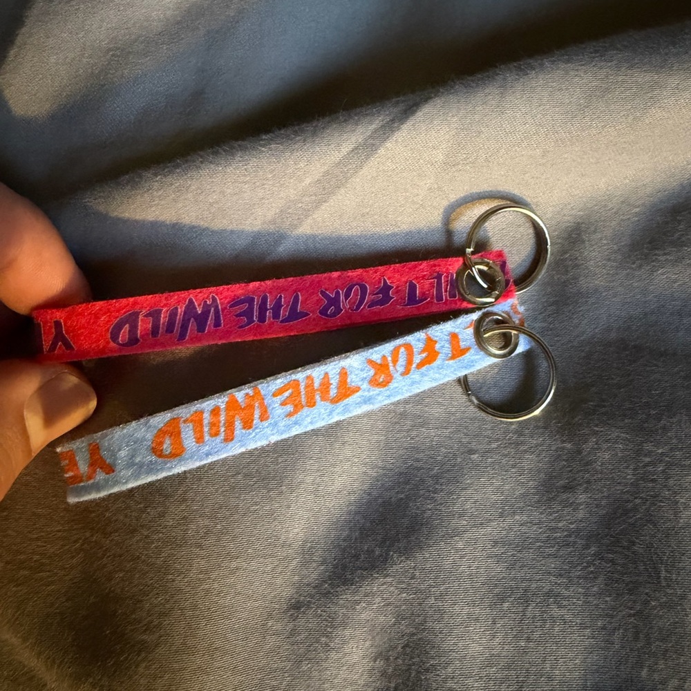 Double Felt Keychain Strap - Pink & Light Blue with Orange Text